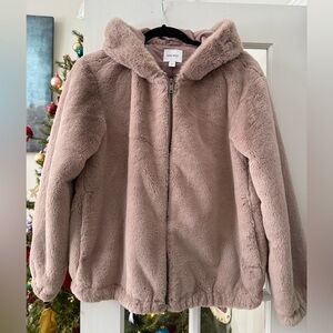 Nine West Lux Plush Faux Fur Hooded Jacket in Soft Brown